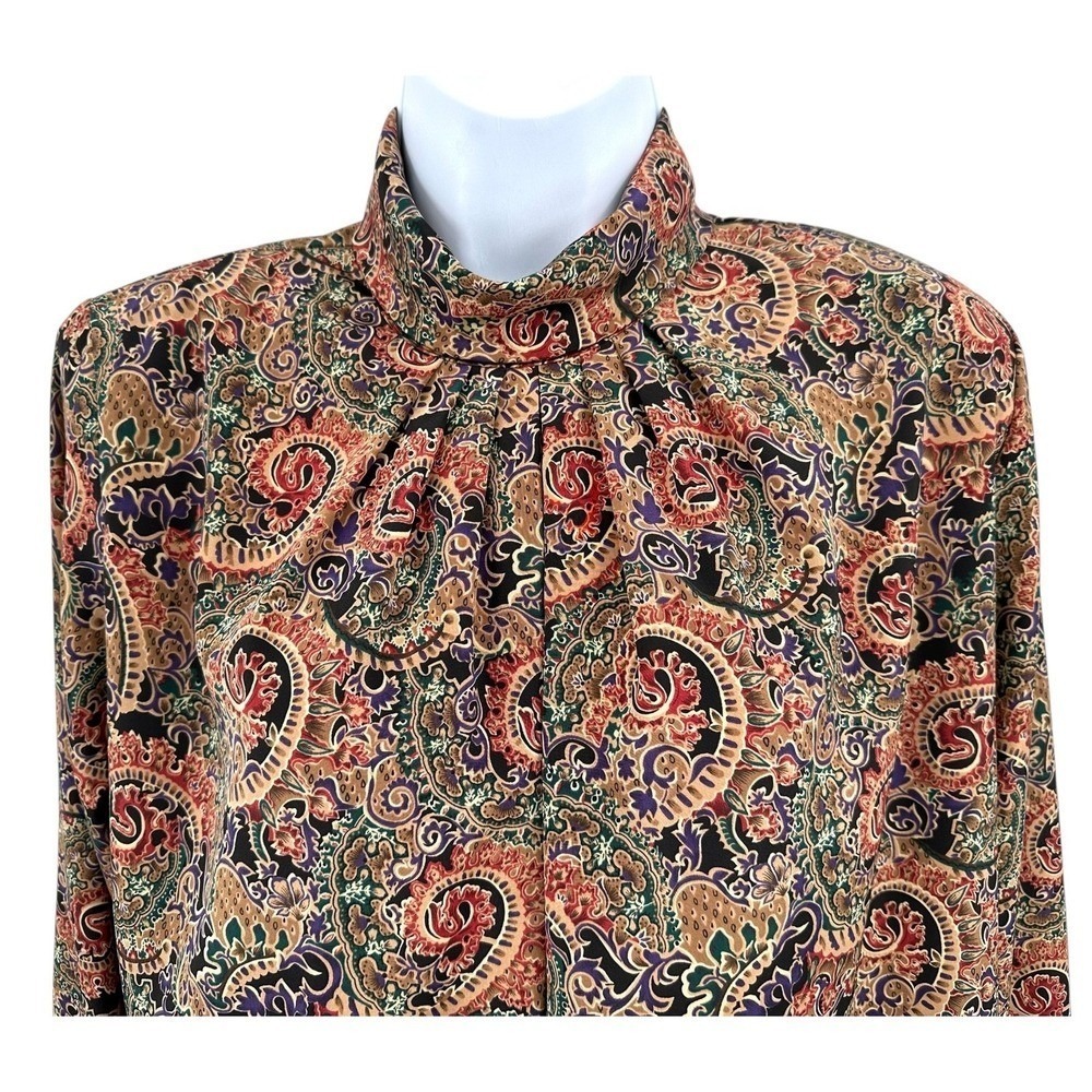 Jessica Lynn Paisley Pleated Mock Neck Blouse Long Sleeves Women's 8 Vintage